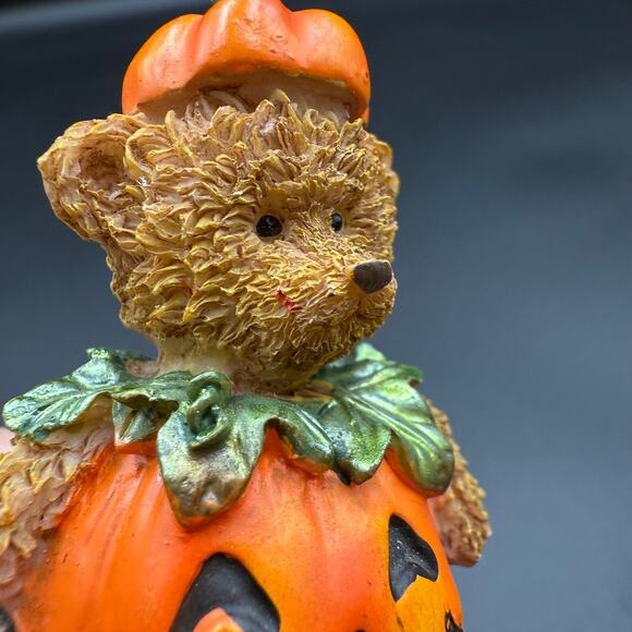 Vintage Pumpkin Teddy Bear Figurine Halloween Mini Statue - Picture 9 of 10